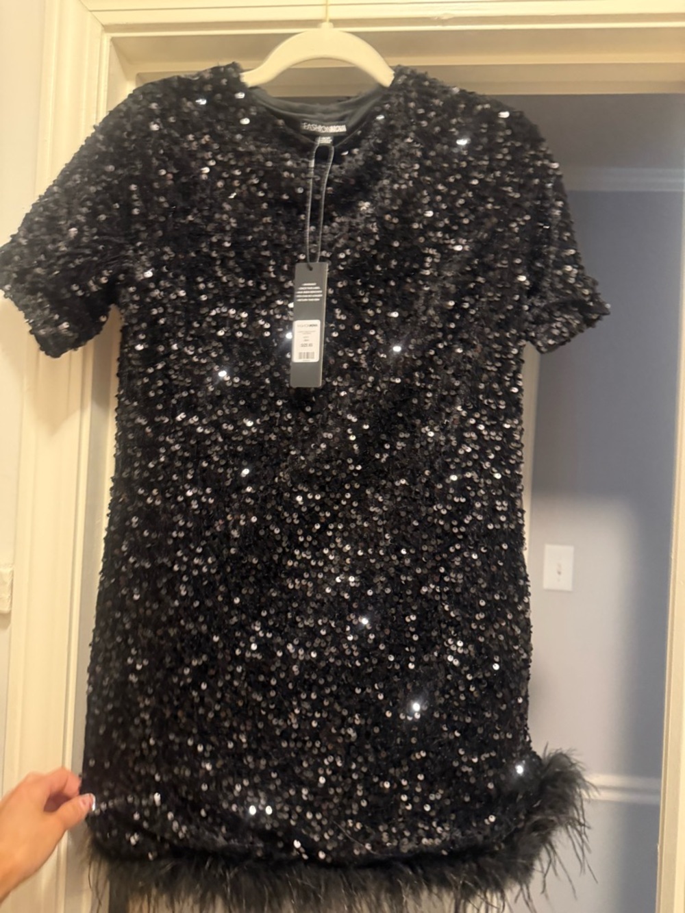Black Sequin Feather Hem Party Dress